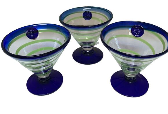 Kosta Boda Other - 3 Kosta Boda Royal Caribbean Cruise Green Swirl Blue Rimmed Margarita Glasses